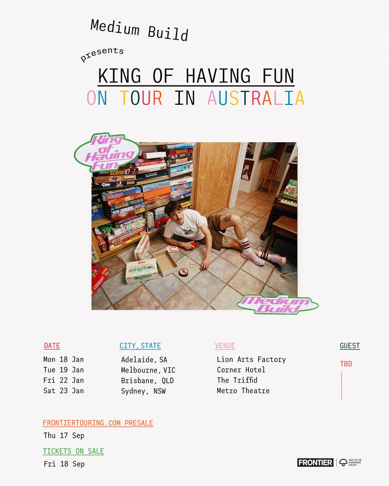 Medium Build King of Having Fun Australian Tour poster showing artist on floor with board games and concert dates in Adelaide, Melbourne, Sydney.